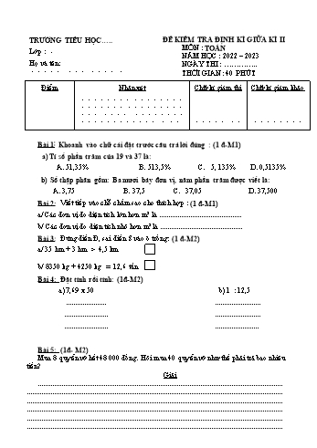 Đề kiểm tra định kì giữa học kì 2 Toán Lớp 5 - Năm học 2022-2023 (Có hướng dẫn chấm)