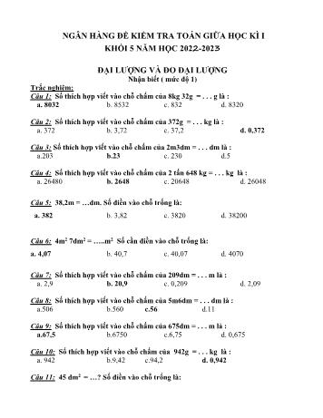 Đề kiểm tra giữa học kì 1 Toán Lớp 5 - Đại lượng và đo đại lượng - Năm học 2022-2023