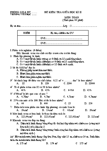 Đề kiểm tra giữa học kì 2 môn Toán Lớp 5 (Có hướng dẫn chấm)