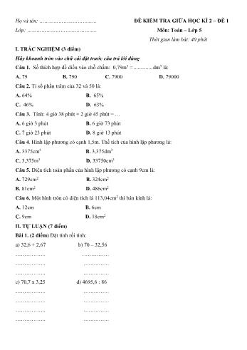 Đề kiểm tra giữa học kì 2 Toán Lớp 5 - Đề 1 (Có hướng dẫn giải chi tiết)