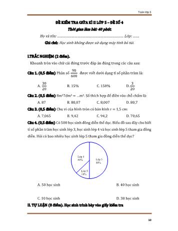 Đề kiểm tra giữa học kì 2 Toán Lớp 5 - Đề số 4