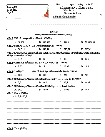 Đề kiểm tra giữa học kì 2 Toán Lớp 5 - Năm học 2022-2023 (Có hướng dẫn chấm)