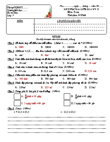 Đề kiểm tra giữa học kì 2 Toán Lớp 5