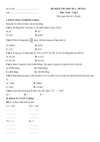 Đề kiểm tra học kì 1 Toán Lớp 5 - Đề số 1 (Có đáp án)