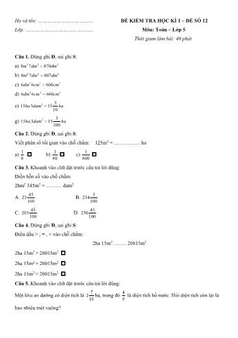 Đề kiểm tra học kì 1 Toán Lớp 5 - Đề số 12 (Có đáp án)