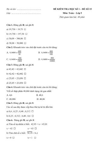 Đề kiểm tra học kì 1 Toán Lớp 5 - Đề số 15 (Có đáp án)