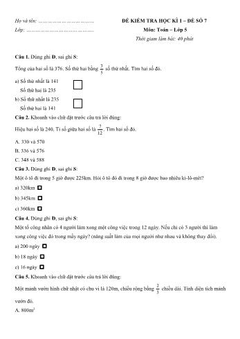 Đề kiểm tra học kì 1 Toán Lớp 5 - Đề số 7 (Có đáp án)