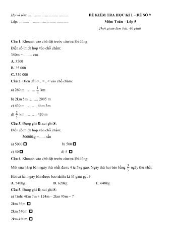 Đề kiểm tra học kì 1 Toán Lớp 5 - Đề số 9 (Có đáp án)