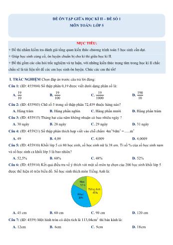 Đề ôn tập giữa học kì 2 Toán Lớp 5 - Đề số 1 (Có hướng dẫn giải chi tiết)