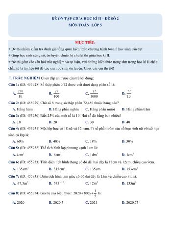 Đề ôn tập giữa học kì 2 Toán Lớp 5 - Đề số 2 (Có hướng dẫn giải chi tiết)