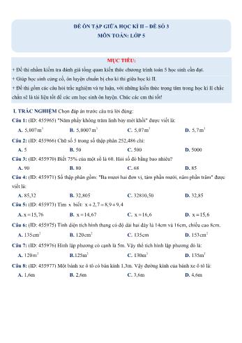 Đề ôn tập giữa học kì 2 Toán Lớp 5 - Đề số 3 (Có hướng dẫn giải chi tiết)