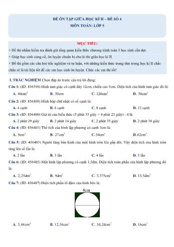 Đề ôn tập giữa học kì 2 Toán Lớp 5 - Đề số 4 (Có hướng dẫn giải chi tiết)