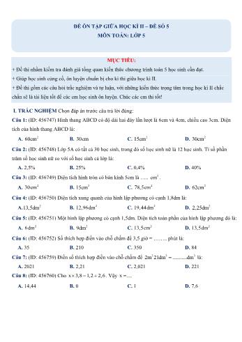 Đề ôn tập giữa học kì 2 Toán Lớp 5 - Đề số 5 (Có hướng dẫn giải chi tiết)