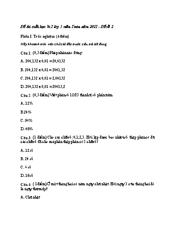 Đề thi cuối học kì 1 Toán Lớp 5 - Đề 2 - Năm học 2021-2022 (Có đáp án)