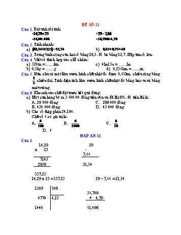 Đề thi học kì 1 Toán Lớp 5 - Đề số 11 (Có đáp án)