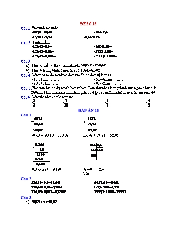 Đề thi học kì 1 Toán Lớp 5 - Đề số 16 (Có đáp án)