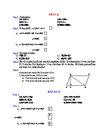 Đề thi học kì 1 Toán Lớp 5 - Đề số 18 (Có đáp án)