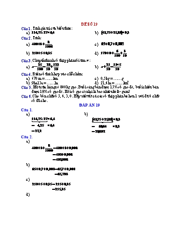 Đề thi học kì 1 Toán Lớp 5 - Đề số 19 (Có đáp án)