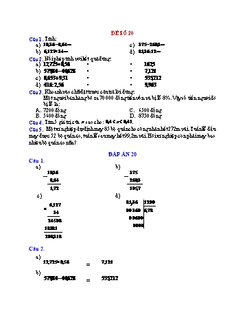 Đề thi học kì 1 Toán Lớp 5 - Đề số 20 (Có đáp án)