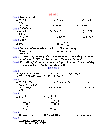 Đề thi học kì 1 Toán Lớp 5 - Đề số 7 (Có đáp án)