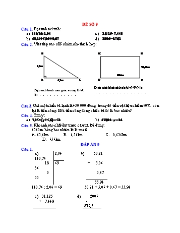 Đề thi học kì 1 Toán Lớp 5 - Đề số 9 (Có đáp án)