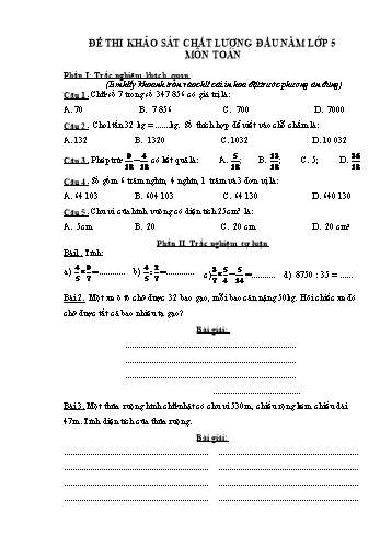 Đề thi khảo sát chất lượng đầu năm Toán Lớp 5 (Có đáp án và hướng dẫn chấm)