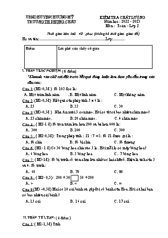 Kiểm tra chất lượng Toán Lớp 2 - Năm học 2022-2023 - Trường Tiểu học Phụng Châu (Có đáp án và hướng dẫn chấm)