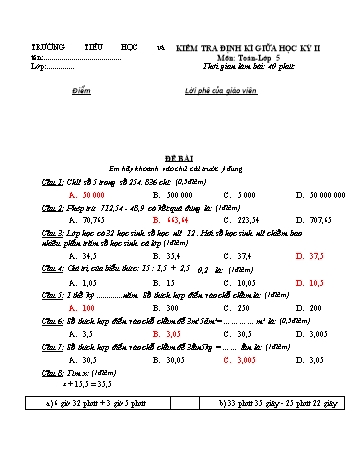 Kiểm tra định kì giữa học kì 2 môn Toán Lớp 5