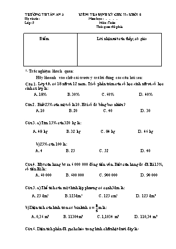 Kiểm tra định kì giữa học kì 2 Toán Lớp 5 - Trường Tiểu học Tân An 3 (Có hướng dẫn chấm)