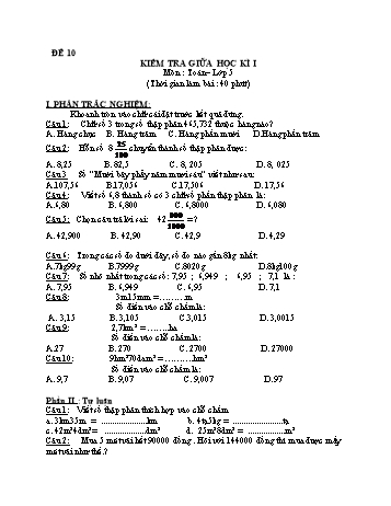 Kiểm tra giữa học kì 1 môn Toán Lớp 5 - Đề 10
