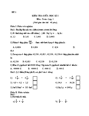 Kiểm tra giữa học kì 1 môn Toán Lớp 5 - Đề 1