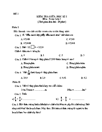Kiểm tra giữa học kì 1 môn Toán Lớp 5 - Đề 2