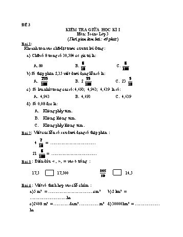 Kiểm tra giữa học kì 1 môn Toán Lớp 5 - Đề 3