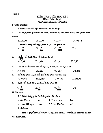 Kiểm tra giữa học kì 1 môn Toán Lớp 5 - Đề 4
