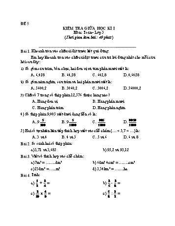 Kiểm tra giữa học kì 1 môn Toán Lớp 5 - Đề 5