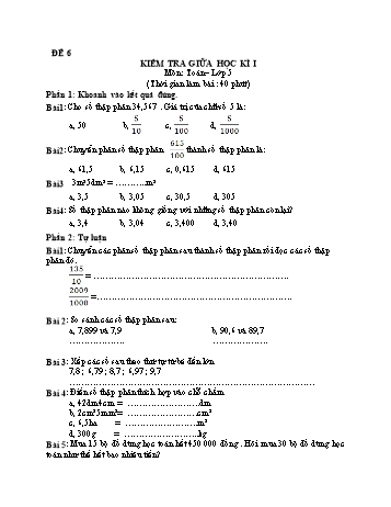 Kiểm tra giữa học kì 1 môn Toán Lớp 5 - Đề 6
