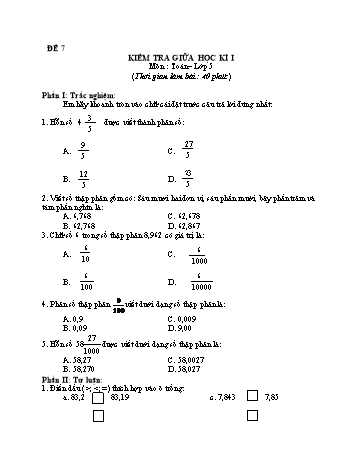 Kiểm tra giữa học kì 1 môn Toán Lớp 5 - Đề 7