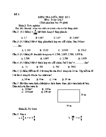 Kiểm tra giữa học kì 1 môn Toán Lớp 5 - Đề 8