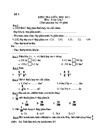 Kiểm tra giữa học kì 1 môn Toán Lớp 5 - Đề 9