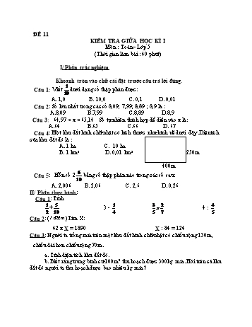 Kiểm tra giữa học kì 1 Toán Lớp 5 - Đề 11