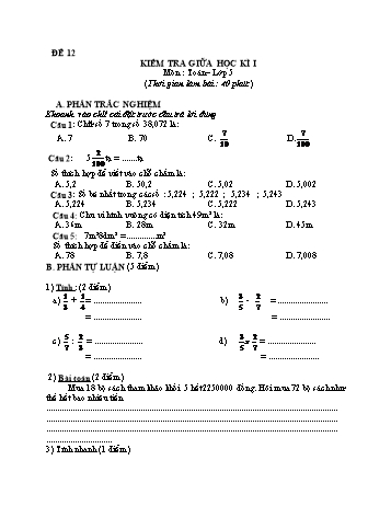 Kiểm tra giữa học kì 1 Toán Lớp 5 - Đề 12