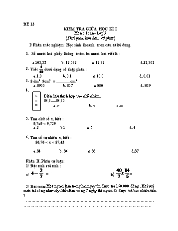Kiểm tra giữa học kì 1 Toán Lớp 5 - Đề 13