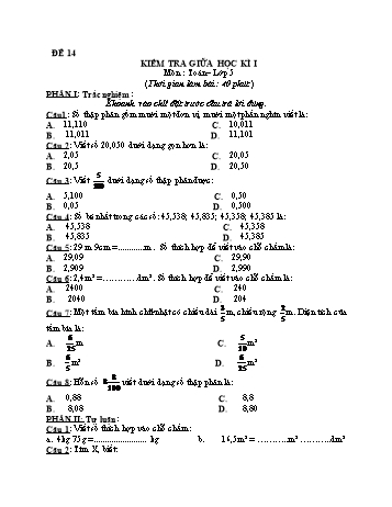 Kiểm tra giữa học kì 1 Toán Lớp 5 - Đề 14