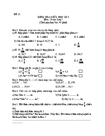 Kiểm tra giữa học kì 1 Toán Lớp 5 - Đề 15