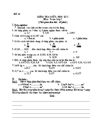 Kiểm tra giữa học kì 1 Toán Lớp 5 - Đề 16
