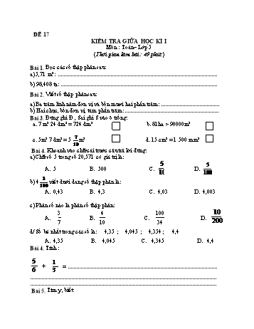 Kiểm tra giữa học kì 1 Toán Lớp 5 - Đề 17