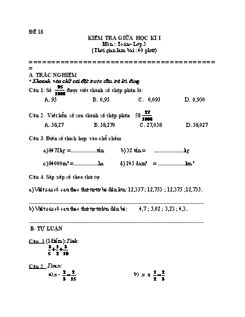 Kiểm tra giữa học kì 1 Toán Lớp 5 - Đề 18