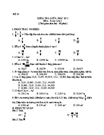 Kiểm tra giữa học kì 1 Toán Lớp 5 - Đề 19