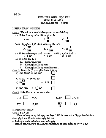 Kiểm tra giữa học kì 1 Toán Lớp 5 - Đề 20