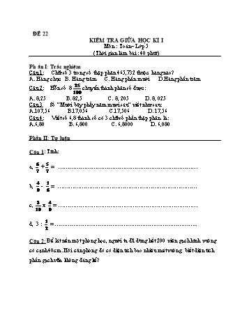 Kiểm tra giữa học kì 1 Toán Lớp 5 - Đề 22
